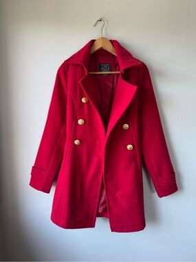 (M) Streetwear Society Red Double-Breasted Pea Coat with Gold Buttons